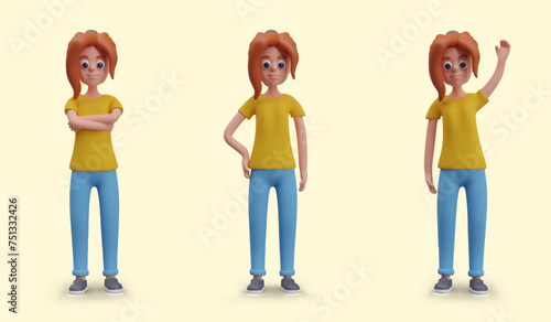 Red haired girl in different poses. Modern teenager in jeans. Female vector character