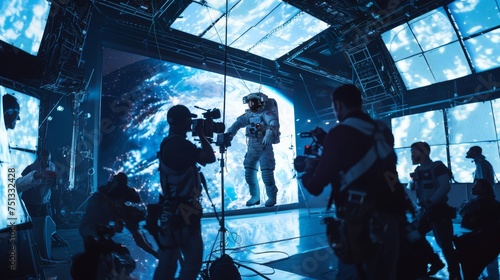 Moment on film set designed to simulate space environment. Actor in astronaut costume against large screen displaying image of Earth from orbit. Crew members standing around.