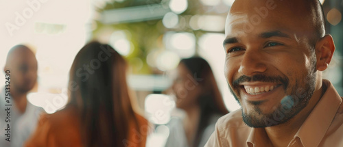 Shared laughter in soft focus, a man's smile is the foreground of an unfocused social gathering behind. photo