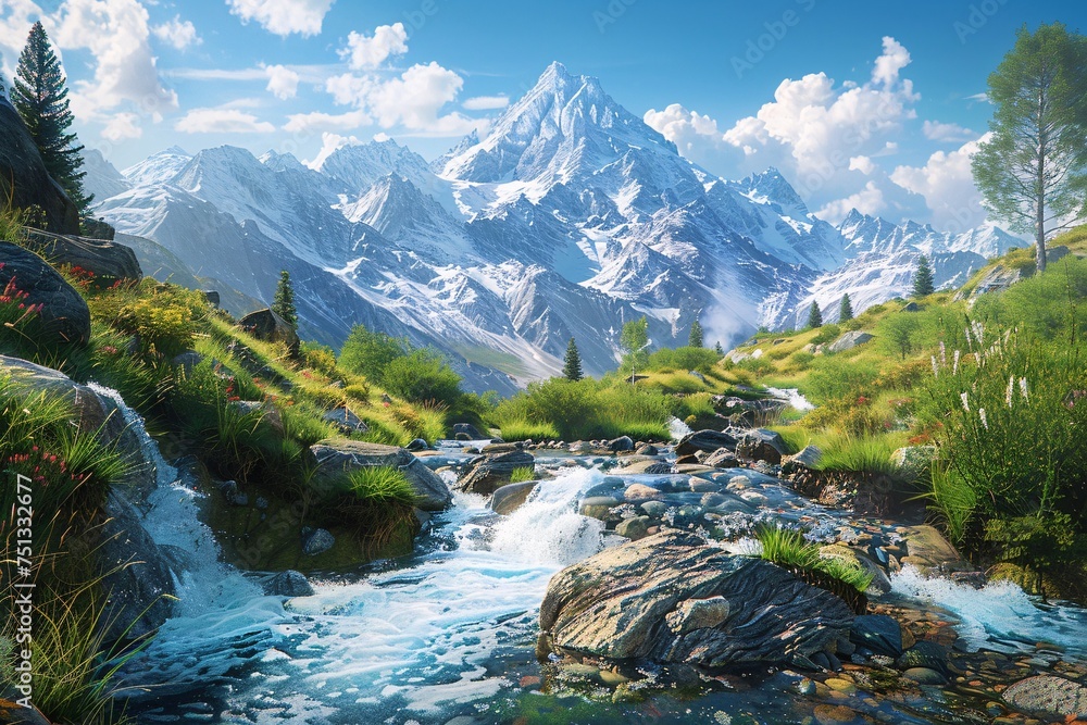 a river running through a valley with snow covered mountains