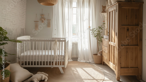 Cozy and natural nursery room with soft lighting, featuring a white crib, wooden furniture, and gentle textiles, invoking a peaceful atmosphere photo