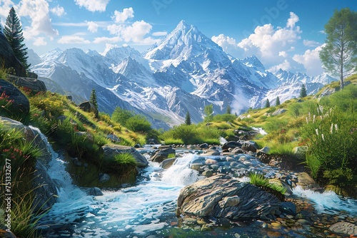 a river running through a valley with snow covered mountains