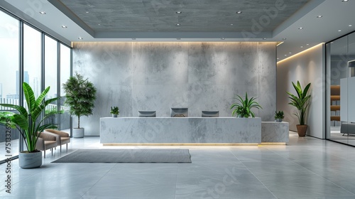Luxurious commercial office interiors with a reception desk at the entrance, elegant furniture and an open concept creating a feeling of lightness and spaciousness.