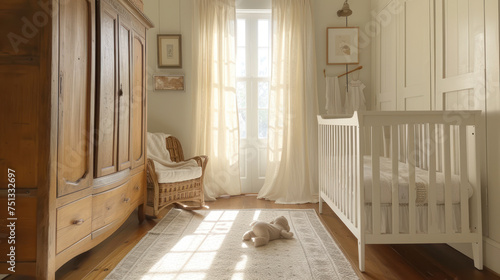 Cozy and natural nursery room with soft lighting, featuring a white crib, wooden furniture, and gentle textiles, invoking a peaceful atmosphere