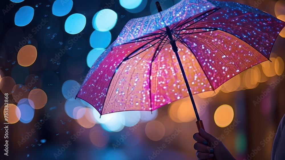 Grasping an illuminated umbrella against a glowing light background.
