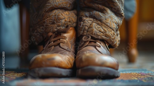 Close-up of an elderly man's feet in old worn shoes