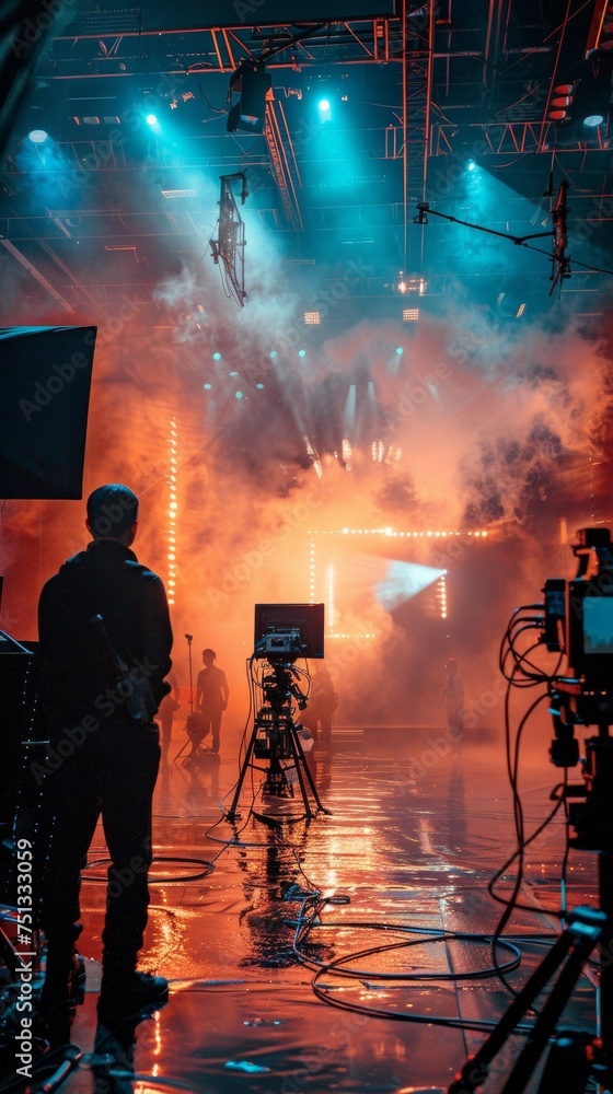 Fototapeta premium Behind the scene, shooting video production and film crew team. Silhouette of man, director in studio.