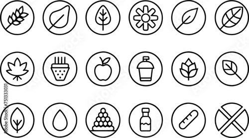 Allergen free badges. No sugar, gluten, lactose, oil free thin outline icons set isolated on white background 