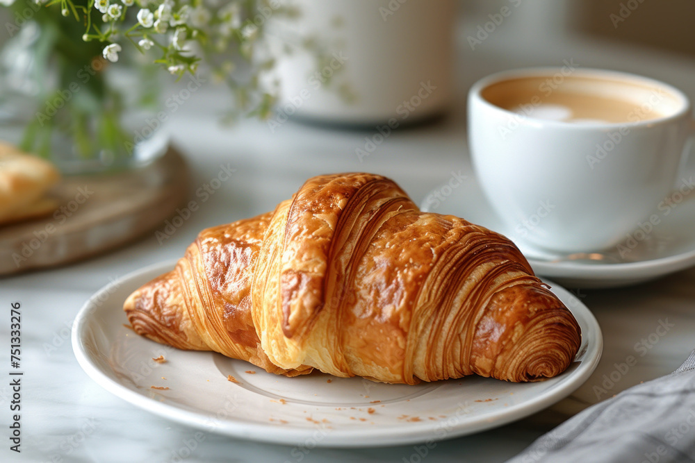 Indulge in the perfect morning treat a golden, flaky croissant alongside a warm, creamy cup of coffee