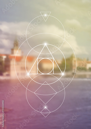 Philosopher stone. Sacred geometry spiritual new age futuristic illustration with interlocking circles, triangles and particles