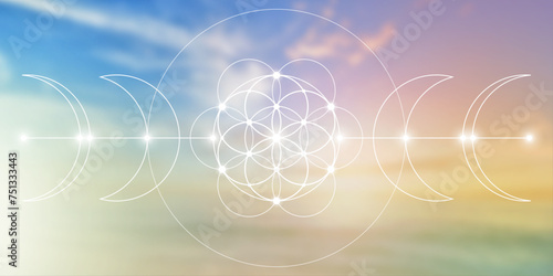Flower of life. Tree of life. Sacred geometry spiritual new age futuristic illustration with interlocking circles, triangles and particles