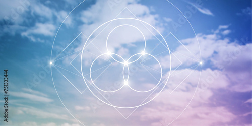 Flower of life. Tree of life. Sacred geometry spiritual new age futuristic illustration with interlocking circles, triangles and particles