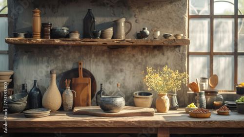 Rustic ceramic kitchenware collection elegantly displayed on wooden shelves against a stone wall, highlighting earthy tones and natural textures, perfect for a stylish, artisanal home setting