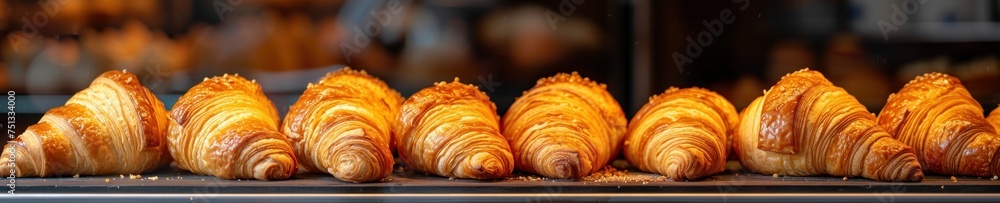 Golden croissants fresh from the oven, dusted with powdered sugar, glistening under the bakery's warm light, evoke the charm of a Parisian morning