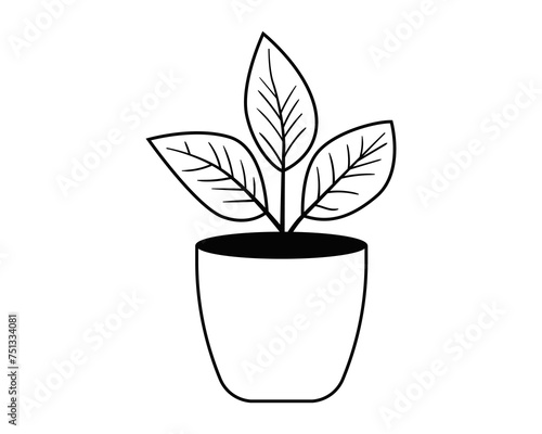 Plant in pot vector icon for home decoration. Houseplant black and white line illustration.