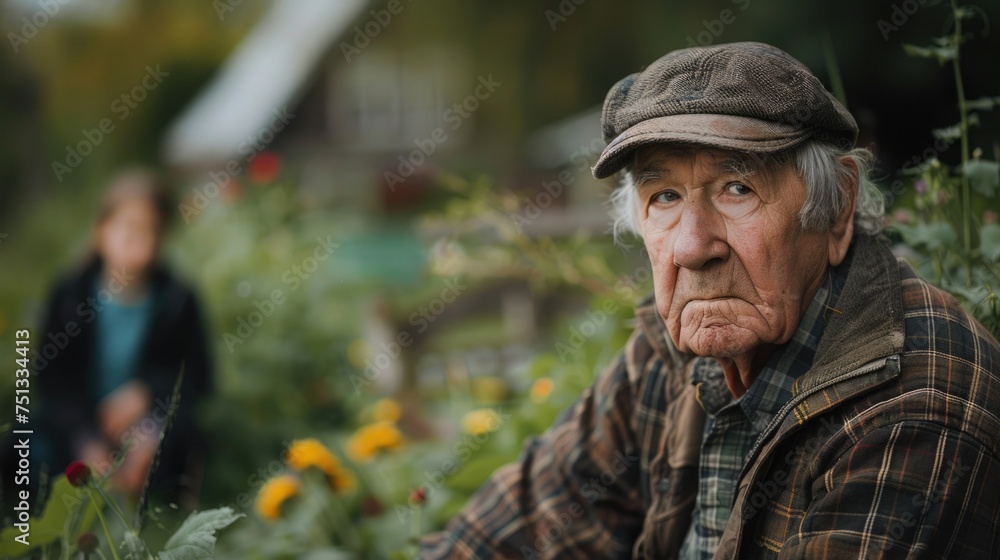Elderly man sitting in a garden, looking lost and confused, with a family member watching over him, highlighting the importance of supervision