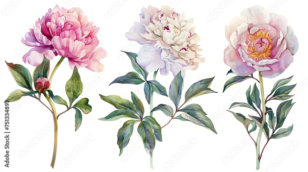 Set of peonies flowers on an isolated white background, watercolor peony illustration, botanical painting. Generative Ai - obrazy, fototapety, plakaty 