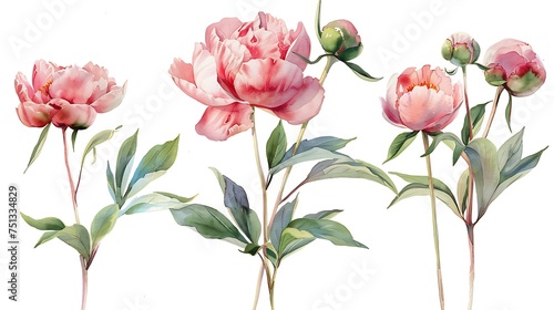 Set of peonies flowers on an isolated white background  watercolor peony illustration  botanical painting. Generative Ai