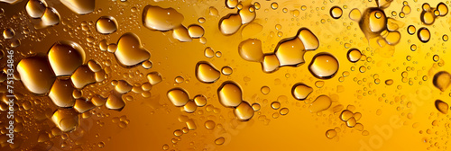 Amber Elixir: Water Droplets on Golden Beer Surface, created with Generative AI technology.