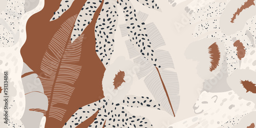Modern abstract botanical print with leopards. Bohemian style contemporary seamless pattern. Hand drawn unique print.