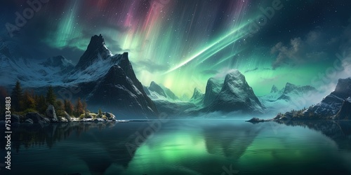 Ethereal image depicting the aurora borealis illuminating the starry night sky above a silhouette of pines © Coosh448