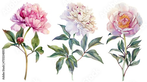 Set of peonies flowers on an isolated white background, watercolor peony illustration, botanical painting. Generative Ai photo