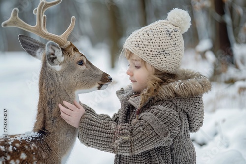 a girl petting a deer in the snow