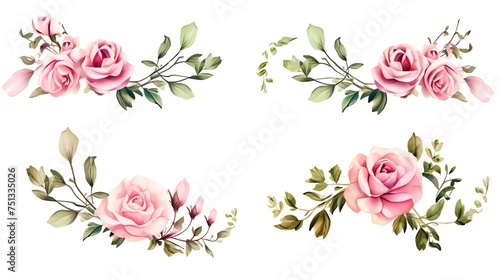 Fototapeta Naklejka Na Ścianę i Meble -  Set of small floral corner arrangements with pink rose flowers and green leaves isolated on white background. Generative Ai
