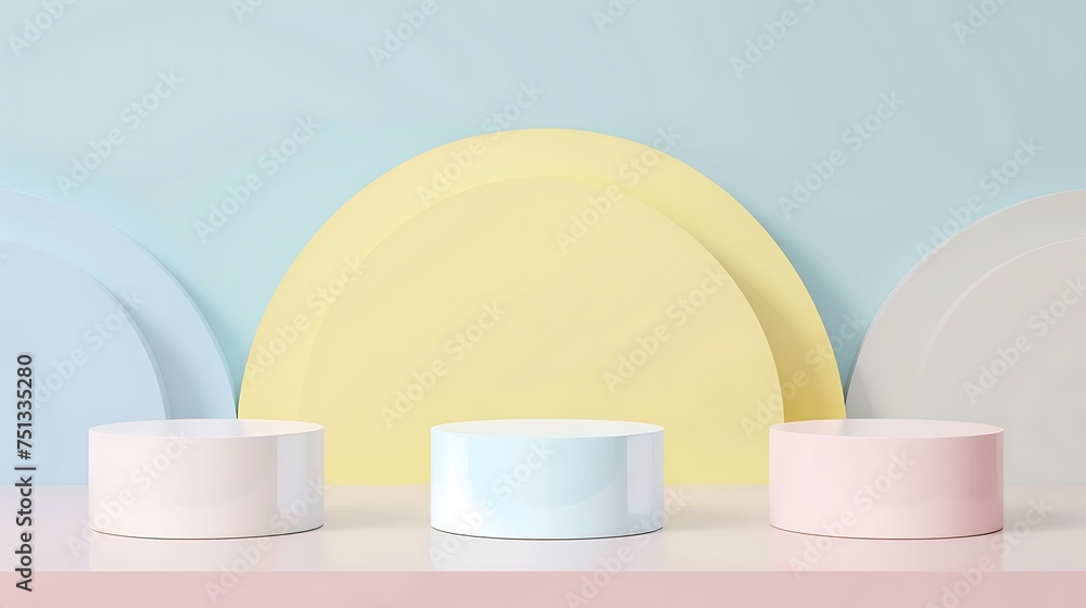 Set of white realistic 3d cylinder pedestal podium with pastel yellow, blue and pink in semi circle backdrop. Abstract rendering geometric platform. Product display presentation. Generative Ai Set of white realistic 3d cylinder pedestal podium with pastel yellow, blue and pink in semi circle backdrop. Abstract rendering geometric platform. Product display presentation. Generative Ai