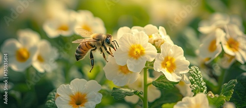A bee in flight above a cluster of white primrose flowers, with its translucent wings in motion. The bee is actively pollinating the delicate blooms as it hovers and moves from one flower to another.