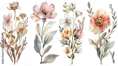 Set watercolor flowers painting, floral vintage bouquet illustrations with wildflowers and leaves. Decoration for poster, greeting card, birthday, wedding design. Isolated on white. Generative Ai