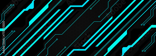 Abstract geometrical cyber tech metaverse digital web 3 horizontal dark banner design template blank with place for text . Geometrical cyan blue neon sci fi cyberpunk shapes interface hud hui photo