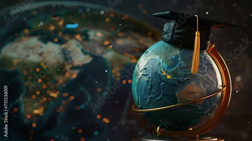 graduated international study program Conceptual: Radar background with a graduation cap on top of a model map of the Earth. Greetings to the grads! Research leads to success globally