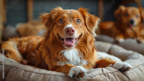 cute dog lies on the dog bed and smiles.