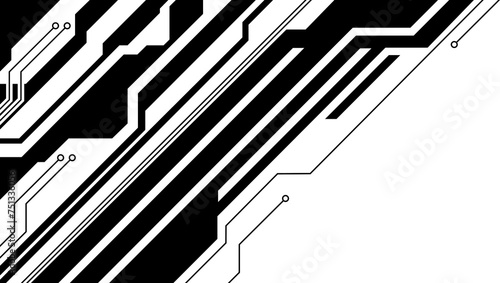 Abstract geometrical cyber tech illustration digital web 3 horizontal shapes design template blank. Geometrical black dark sci-fi cyberpunk blueprints pcb board integrated circuit interface