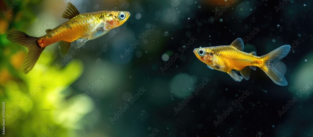 A couple of Sarpa Salpa goldfish swim together in an aquarium under natural lighting. The vibrant colors of the fish contrast beautifully with the clear water as they gracefully move through the A couple of Sarpa Salpa goldfish swim together in an aquarium under natural lighting. The vibrant colors of the fish contrast beautifully with the clear water as they gracefully move through the