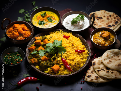 Assorted various Indian food on a dark rustic background Generative AI illustrator 