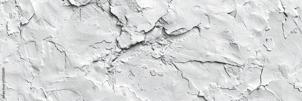 White cracked plaster texture on rough surface. Distressed background for grunge design and print.