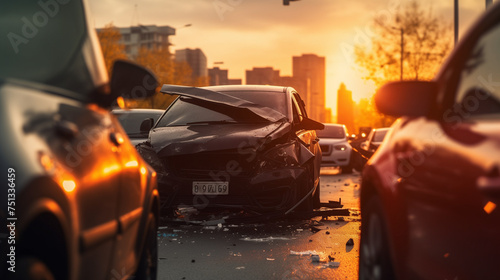 A severe car accident scene on an urban road captured at golden hour, highlighting the urgency of road safety.Generative Al