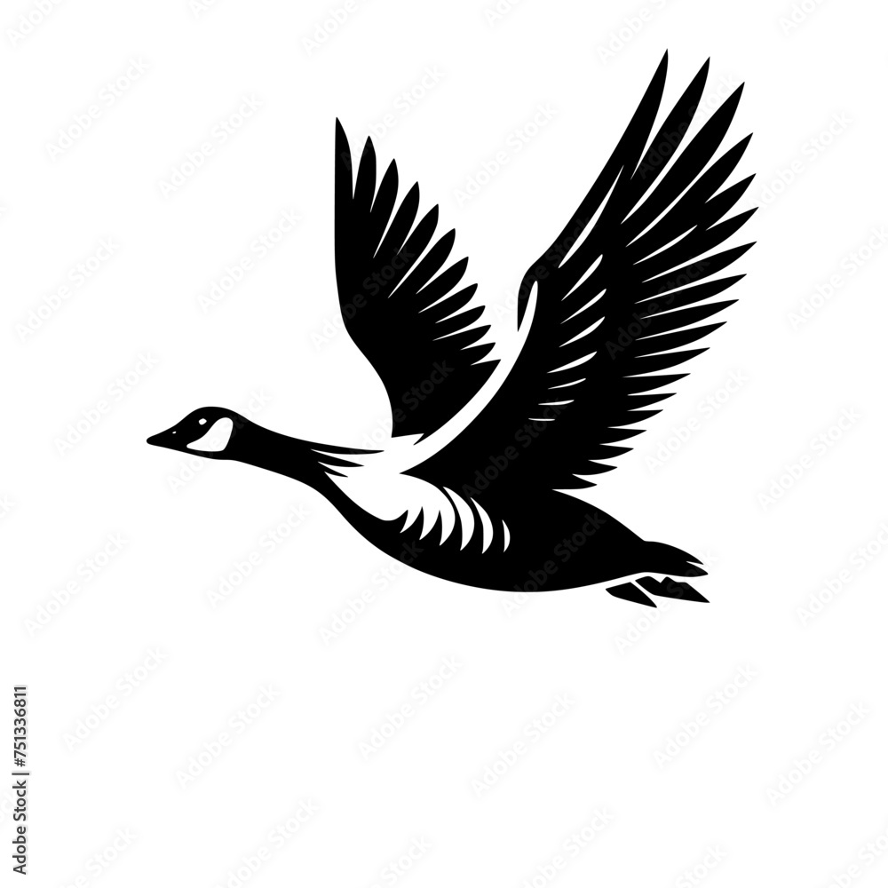 Fototapeta premium Black and white illustration of a goose. Professional vector logo of a flying duck.