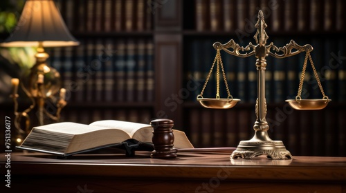 On the desk, there sit classic scales of justice alongside a book.