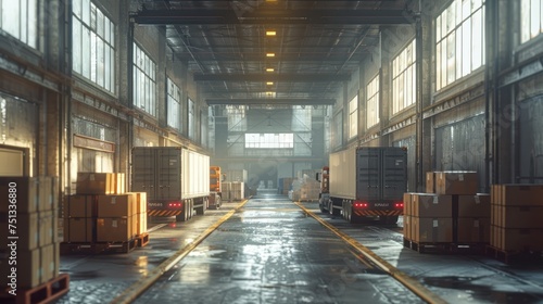 Industrial warehouse interior with trucks and cargo boxes.