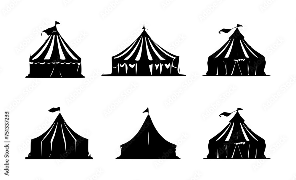 set of circus tent silhouettes on isolated background set of circus tent silhouettes on isolated background