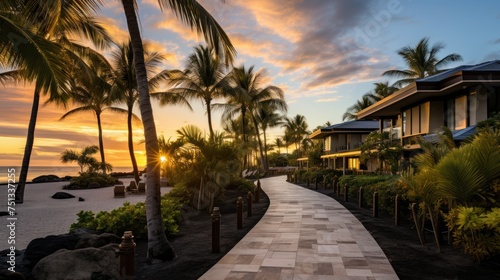 Tropical sunset view from a path leading to beachfront rentals.