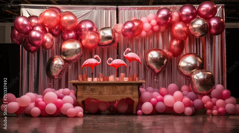 Party scene with pink balloons and flamingo decorations.
