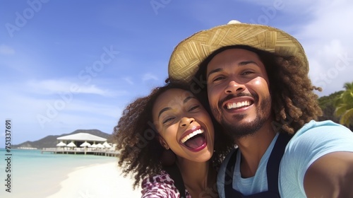 Romantic couple taking selfie photos on the beach and looking at camera