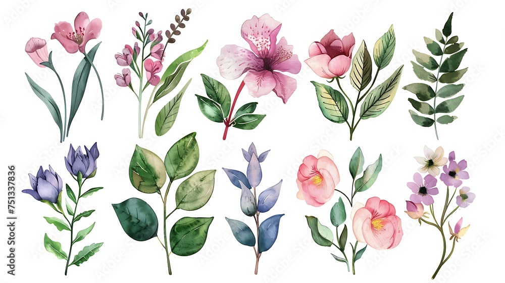 Summer floral bouquet watercolor vector elements design. Botanical watercolor vector collection of flower, leaves, and branches. Generative Ai