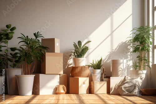 Moving boxes in empty room with green plants