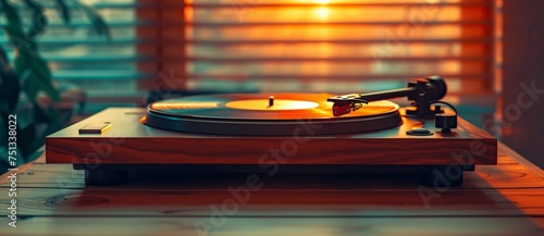 Vintage turntable on wooden table in warm sunset light by window, creating cozy atmosphere for listening to music