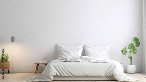 3d render of a modern bedroom with a white bed and a lamp